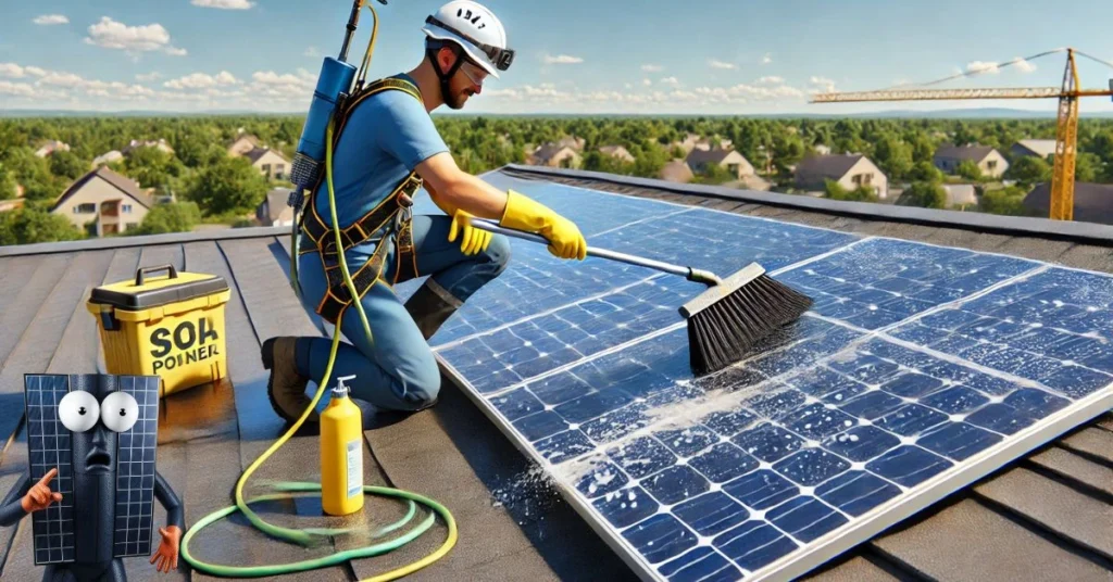 Profissional com equipamento de segurança limpando um módulo solar no telhado com uma escova de cerdas macias e água, demonstrando o método correto de limpeza de placas solares