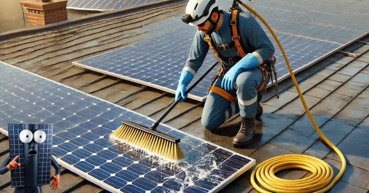 Homem com equipamento de segurança no telhado limpando placas solares com escova de cerdas macias e água, demonstrando o método adequado de como limpar placa solar e manter a eficiência dos painéis fotovoltaicos.