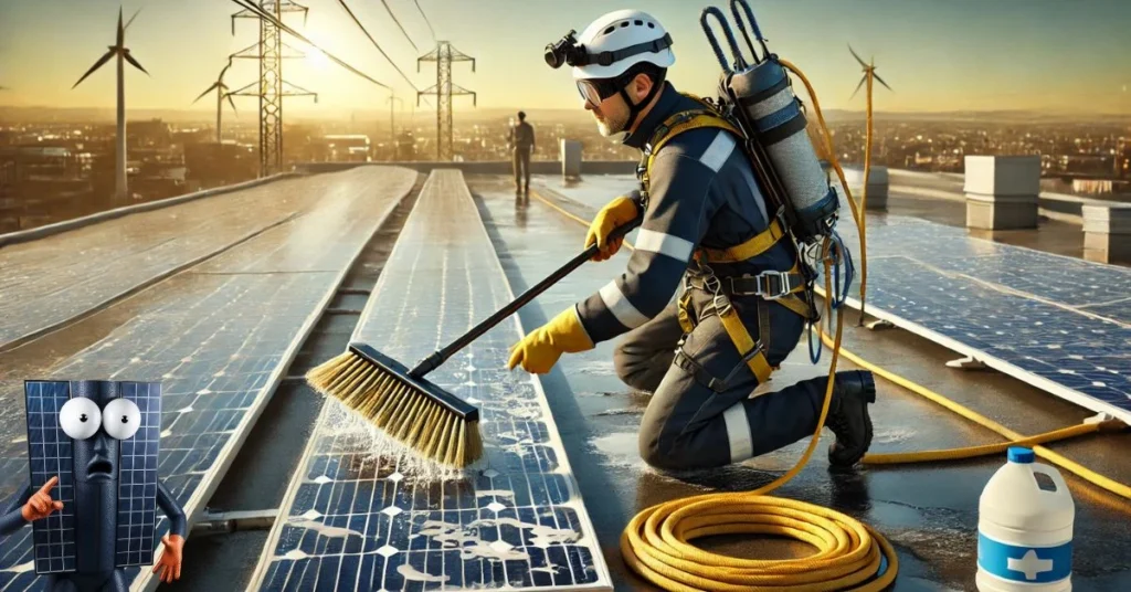 Homem com equipamento de segurança no telhado limpando placas solares com escova de cerdas macias e água, demonstrando o método adequado de como limpar placa solar e manter a eficiência dos módulos fotovoltaicos.