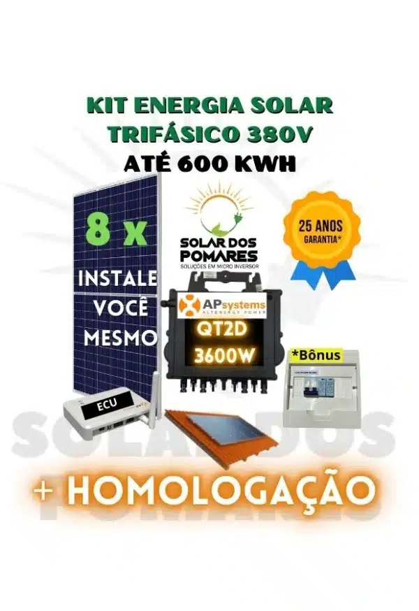 Kit completo Apsystems QT2D 3600w trifásico 380v placas estrutura telhado e monitoramento