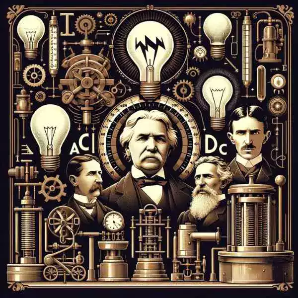 Representação histórica da evolução da corrente alternada (CA) e corrente contínua (CC) com figuras de Thomas Edison e Nikola Tesla, exibindo invenções elétricas iniciais, bobina de Tesla e lâmpadas antigas para ilustrar a 'guerra das correntes' e os avanços em engenharia elétrica