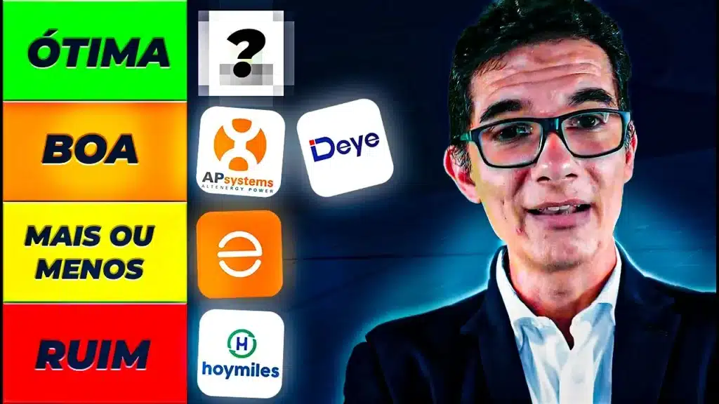 Capa do video mostrando as melhores marcas de microinversores variando entre a ótima a pior e uma pessoa explanando ao lado