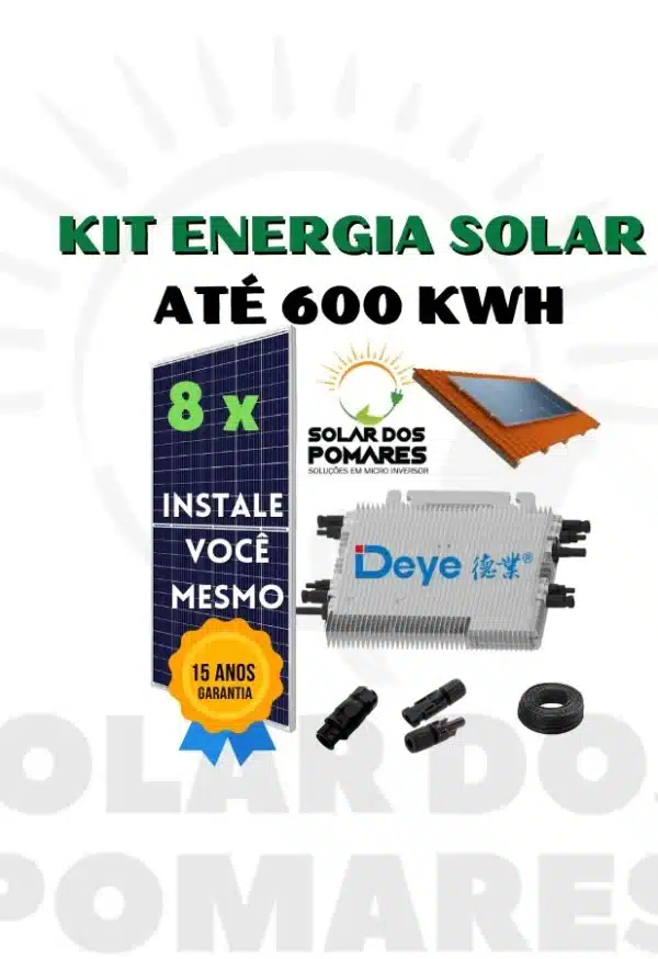 Kit Energia Solar 600 kWh Mês on grid completo com estruturas, painéis com Micro inversor com modelo Deye SUN225G4 monitoramento e adicionais grátis para vida útil tranquila.