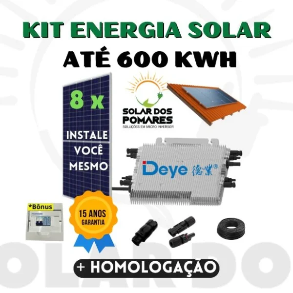 Kit Energia Solar 600 kWh Mês on grid completo com estruturas, painéis com Micro inversor com modelo Deye SUN225G4 monitoramento e adicionais grátis para vida útil tranquila.