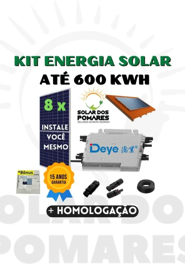 Kit Energia Solar 600 kWh Mês on grid completo com estruturas, painéis com Micro inversor com modelo Deye SUN225G4 monitoramento e adicionais grátis para vida útil tranquila.