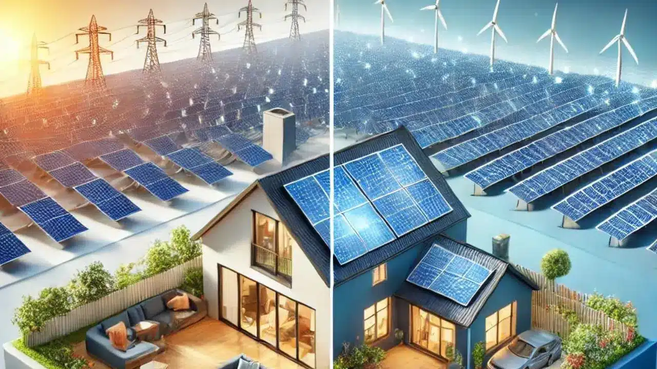 A imagem é dividida em duas cenas contrastantes que ilustram aplicações de energia solar. À esquerda, uma casa residencial moderna exibe painéis solares no telhado e uma área de estar externa. À direita, uma visão de um grande parque solar comercial com fileiras de painéis solares e turbinas eólicas ao fundo sob um céu azul claro. Ambas as cenas enfatizam a integração de tecnologia solar em ambientes residenciais e comerciais.