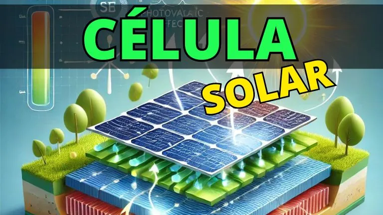 A imagem é um banner visualmente rico para um post de blog sobre células solares. No centro, há uma ilustração detalhada de células fotovoltaicas. A célula é mostrada em corte transversal, exibindo suas camadas internas, com setas indicando o movimento de elétrons gerado pela luz solar. Acima, o texto "CÉLULA SOLAR" em letras grandes e verdes domina a parte superior. O fundo é dividido em dois: a parte superior exibe um céu com sol e células semicondutoras flutuantes, enquanto a parte inferior mostra uma paisagem verde com árvores pequenas. A imagem transmite conceitos de energia renovável e tecnologia sustentável.