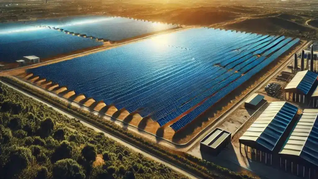 Vista aérea de uma vasta fazenda solar, mostrando fileiras extensas de painéis solares azuis realizando o efeito fotovoltaico em um terreno amplo, cercado por vegetação natural e estruturas de suporte industrial, destacando a grande escala de produção de energia renovável.