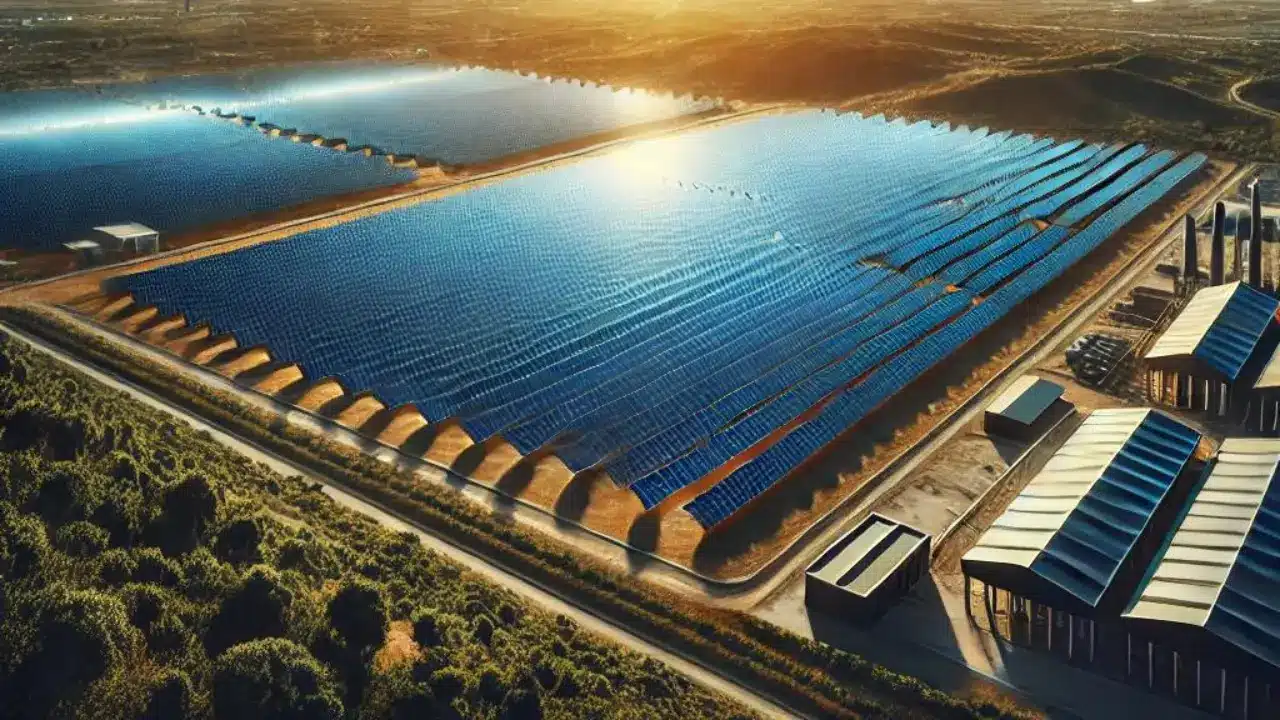 Vista aérea de uma vasta fazenda solar, mostrando fileiras extensas de painéis solares azuis em um terreno amplo, cercado por vegetação natural e estruturas de suporte industrial, destacando a grande escala de produção de energia renovável.