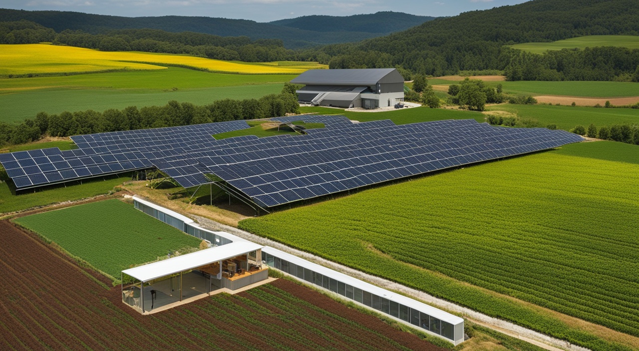 imagem exibe uma paisagem de agrovoltaico, onde a tecnologia solar é integrada com a agricultura em um ambiente rural. Grandes painéis solares estão instalados em extensas fileiras sobre um campo cultivado, abrigando diversas culturas abaixo e ao redor das estruturas. A fazenda combina práticas agrícolas com a geração de energia renovável, maximizando o uso do espaço e promovendo a sustentabilidade. Ao fundo, colinas suavemente onduladas e campos coloridos completam o cenário, demonstrando como a energia solar pode ser harmoniosamente incorporada ao ambiente agrícola, otimizando a produção de alimentos e energia em um sistema unificado como Agrovoltaico