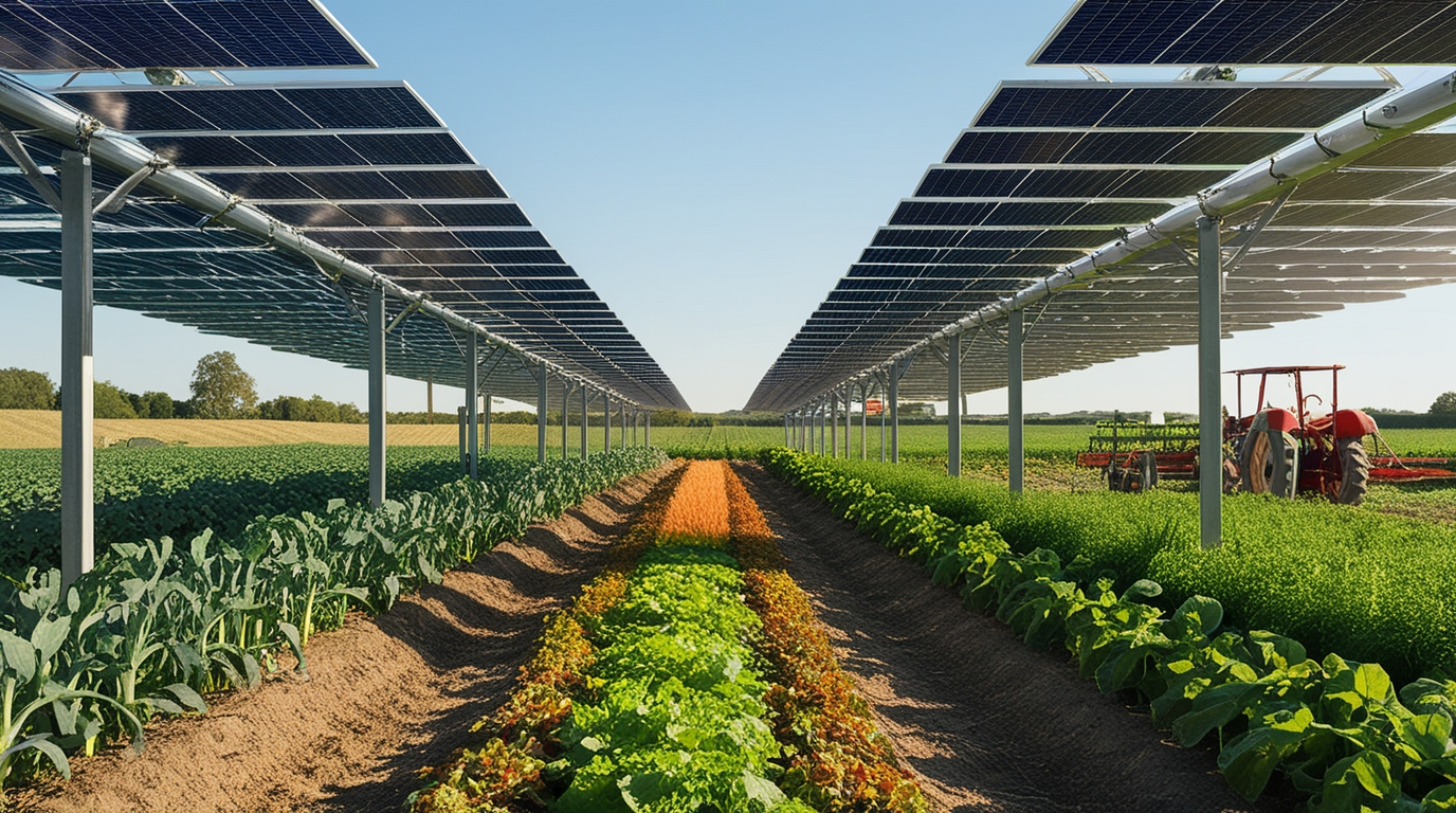 Placas solares montadas sobre altas estruturas metálicas se estendem ao longo de um campo agrícola cultivado com diversos tipos de vegetais, ilustrando um sistema agrovoltaico eficiente que combina a produção de energia solar com a agricultura.