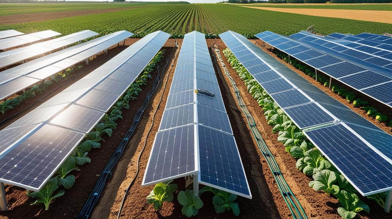 Filas paralelas de painéis solares intercaladas com faixas de plantações variadas, ilustram um sistema agrovoltaico onde a geração de energia solar e a agricultura coexistem eficazmente em um campo aberto.