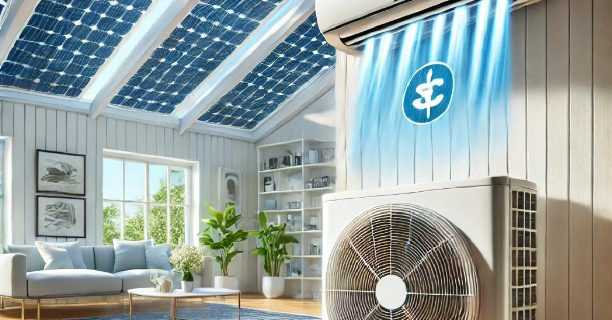 Um ar-condicionado moderno dentro de uma sala bem iluminada, resfriando o ambiente com eficiência energética fornecida por painéis solares instalados no teto de vidro da casa, destacando o custo-benefício da energia solar.