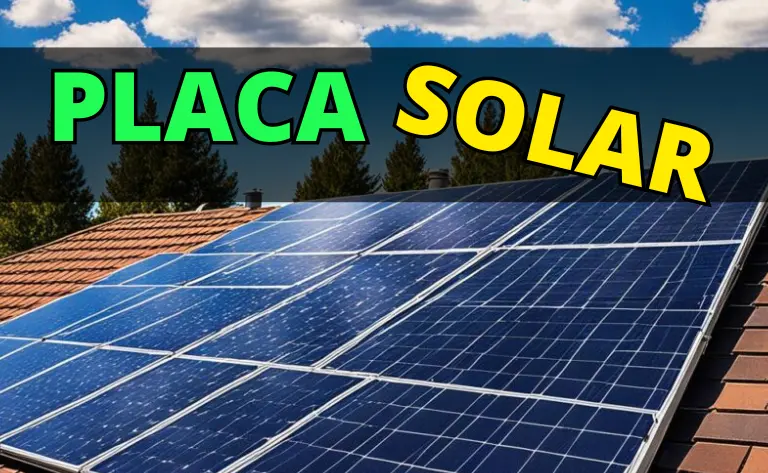 Descrição da imagem para campo alt: "Imagem de um sistema de placas solares instaladas sobre o telhado de uma casa, capturando a luz do sol para geração de energia. A palavra 'PLACA SOLAR' está sobreposta na parte superior da imagem, com 'PLACA' em verde e 'SOLAR' em amarelo.