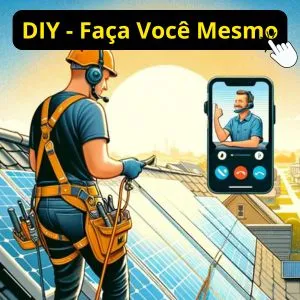 Homem no telhado devidamente equipado com EPI de segurança realizando a instalação com contato direto com suporte. Indicando a ação DIY - "Faça você Mesmo"