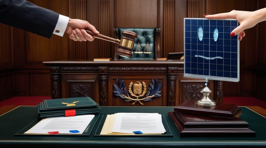 Em um tribunal solene, um juiz segura um martelo, enquanto uma mão feminina apresenta uma placa solar com uma expressão triste, simbolizando as incertezas trazidas pela Lei Solar 14300/22