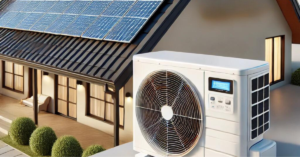 Um ar-condicionado moderno está instalado ao lado de uma residência com telhado coberto por painéis solares, demonstrando um sistema de climatização eficiente alimentado por energia solar.