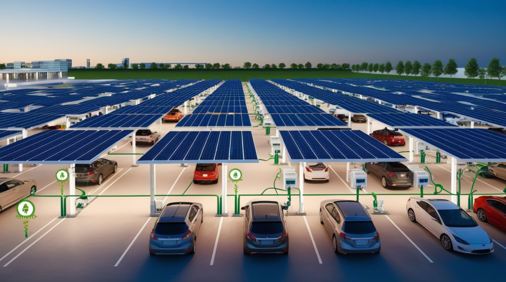 Um estacionamento moderno coberto por uma vasta instalação de painéis solares azuis, carregando veículos elétricos e fornecendo energia limpa, ilustra a integração eficaz da tecnologia solar em espaços urbanos, otimizando o uso de áreas para múltiplas funções sustentáveis