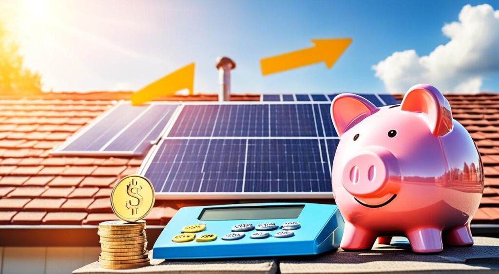 A imagem ilustra o conceito de financiamento na energia solar. Mostra um telhado de uma casa equipado com painéis solares sob um céu claro e ensolarado, simbolizando a geração de energia solar. Ao lado dos painéis, há um cofre porquinho rosa brilhante e uma pilha de moedas de ouro com um símbolo de dólar, acompanhados de uma calculadora, destacando a economia financeira e o investimento associado à energia solar. Uma seta amarela aponta do sol para os painéis, indicando a conversão da luz solar em energia, ressaltando o retorno econômico do uso de sistemas fotovoltaicos. A composição visa transmitir como a energia solar pode ser um investimento vantajoso, gerando economia e retorno financeiro.