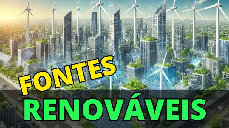 A imagem apresenta uma cidade futurista dominada por tecnologias de energia renovável. Arranha-céus modernos estão cobertos por jardins verticais e painéis solares, enquanto turbinas eólicas altas se erguem entre os edifícios. A cidade é rica em vegetação, com árvores nos telhados e nas ruas, refletindo um cenário urbano que integra completamente soluções sustentáveis de energia. Esta ilustração visualiza o potencial das fontes de energia renovável em ambientes urbanos, destacando a harmonia entre a natureza e as tecnologias avançadas para um futuro sustentável.