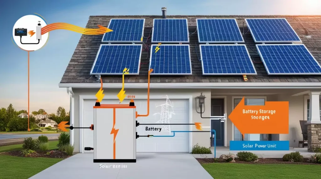 A imagem ilustra um sistema fotovoltaico híbrido residencial detalhado, mostrando painéis solares no telhado conectados a uma unidade de controle e a um sistema de armazenamento de bateria, com setas indicando o fluxo de energia.