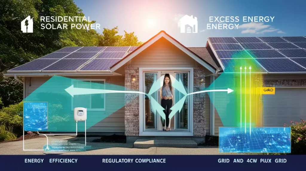 Imagem ilustrativa de uma casa residencial equipada com sistema de energia solar, mostrando o fluxo de energia dos painéis para a rede, destacando a eficiência e conformidade regulatória com o inversão de fluxo ANEEL.