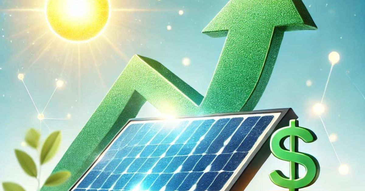 A imagem mostra um painel solar com uma seta verde apontando para cima, simbolizando o crescimento, e um símbolo de dólar, representando o retorno financeiro e a economia gerada pelo financiamento de energia solar.