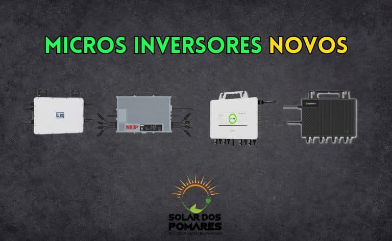 Exibição de quatro microinversores modernos de diferentes marcas, dispostos sobre um fundo escuro, representando as mais recentes opções disponíveis no mercado brasileiro de energia solar.