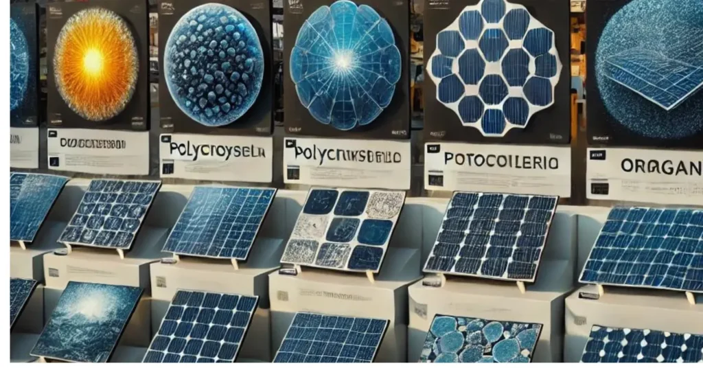 imagem exibe uma exposição educativa de diversos modelos de placas de energia solar, incluindo painéis monocristalinos, policristalinos e orgânicos fotovoltaicos. Cada painel está disposto em pequenos pedestais com informações detalhadas apresentadas em painéis ilustrativos acima deles, realçando suas características e diferenças estruturais. As placas são mostradas em diferentes estágios de iluminação para destacar como cada tipo interage com a luz solar. Esta configuração serve como uma demonstração visual para ensinar sobre a variedade e a funcionalidade das tecnologias de energia solar.