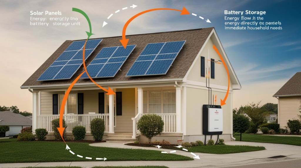 Imagem de uma residência equipada com um sistema fotovoltaico híbrido, destacando painéis solares no telhado e uma unidade de armazenamento de bateria externa, com setas indicando o fluxo de energia entre os componentes.