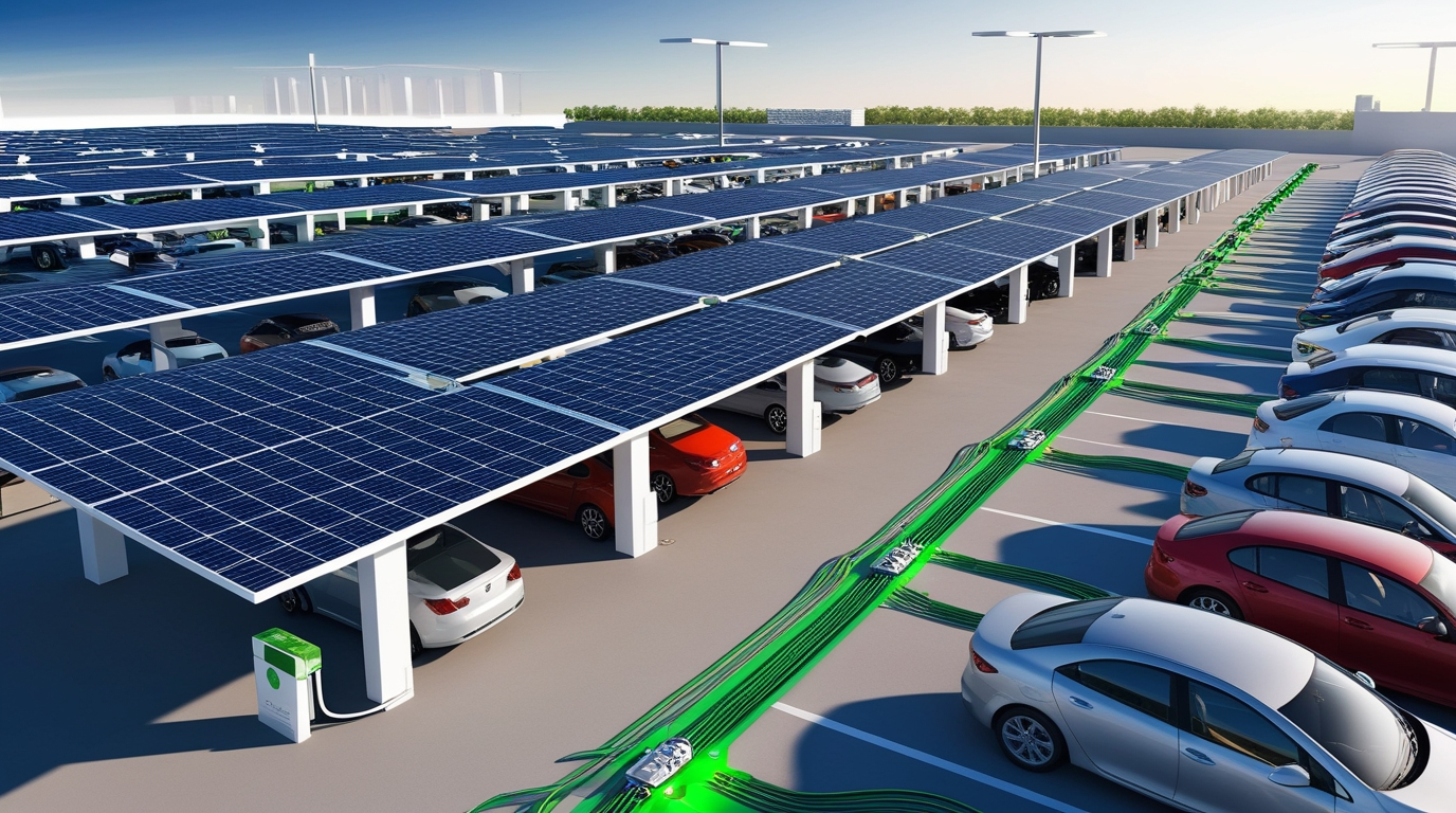 Vista aérea de um estacionamento solar de vários andares, onde veículos estão estacionados sob coberturas equipadas com numerosos painéis solares azuis, simbolizando um uso eficiente de energia renovável em áreas urbanas.