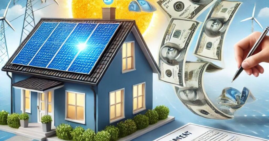 A imagem mostra uma casa com painéis solares no telhado, rodeada por notas de dólar e moedas fluindo em direção a ela, simbolizando os benefícios financeiros e o investimento em energia solar através de opções de financiamento.