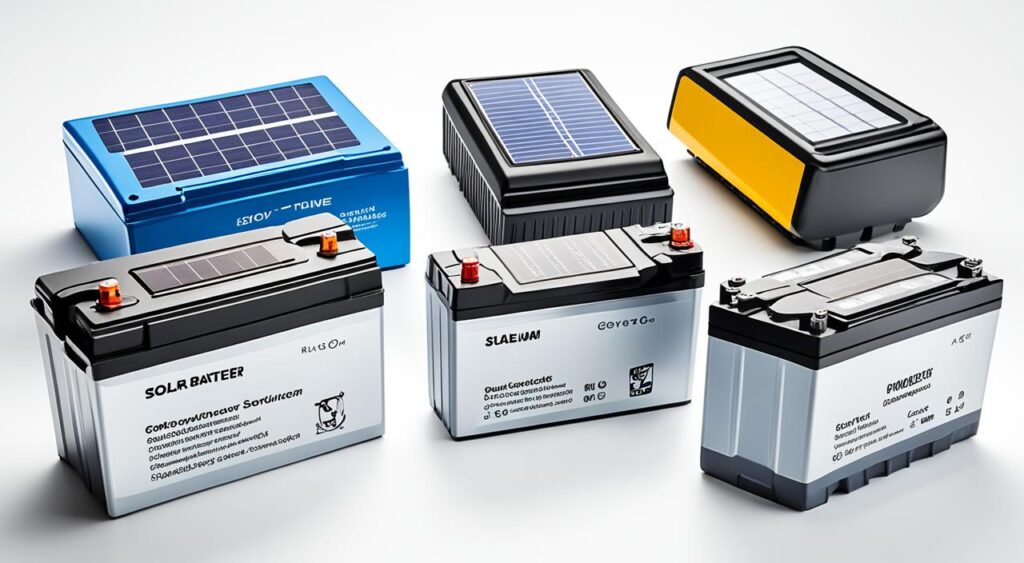 Imagem representando diversas baterias para placas solares disponíveis no mercado fotovoltaico