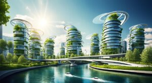 Representação futurista de um complexo de edifícios cilíndricos verdes, adornados com vegetação em suas fachadas e coberturas, situados ao redor de um rio cintilante em uma cidade, simbolizando uma comunidade grid zero auto-sustentável.