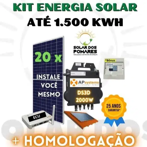 Kit de Energia Solar 1500 kwh mês completo com micro inversor apsystems ds3d 2000w placas estrutura telhado e monitoramento com homologação