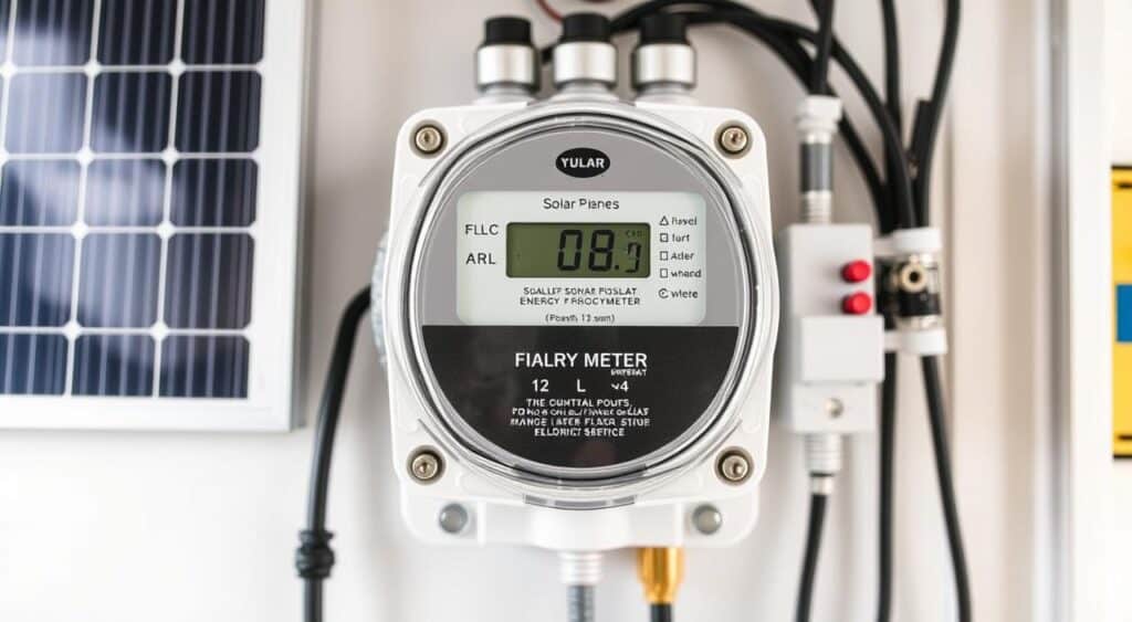 Um medidor de energia bidirecional é mostrado conectado a painéis solares, indicando a quantidade de energia gerada e consumida, utilizado para monitoramento eficiente em instalações de energia solar.