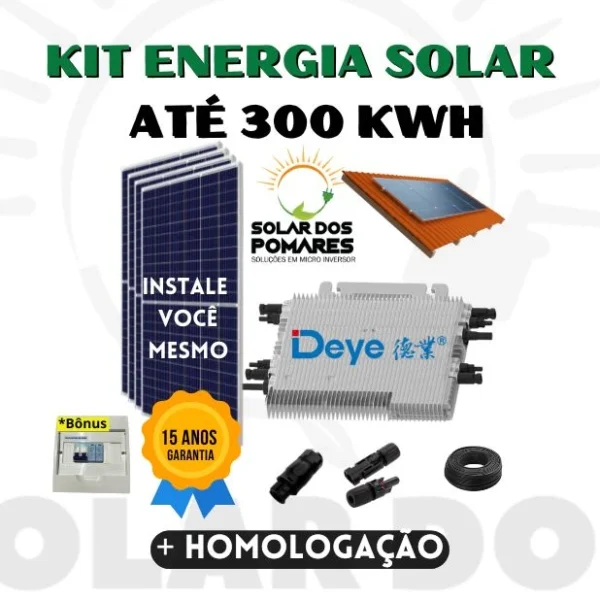 Kit de Energia Solar On Grid para gerar até 300 kWh mês com micro Inversor Solar Deye 2250W modelo SUN225G4 Monofásico 220V, com 4 Painel solar, acessórios, garantia de 15 anos pela Solar dos Pomares