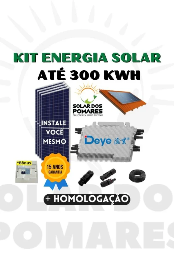 Kit de Energia Solar On Grid para gerar até 300 kWh mês com micro Inversor Solar Deye 2250W modelo SUN225G4 Monofásico 220V, com 4 Painel solar, acessórios, garantia de 15 anos pela Solar dos Pomares