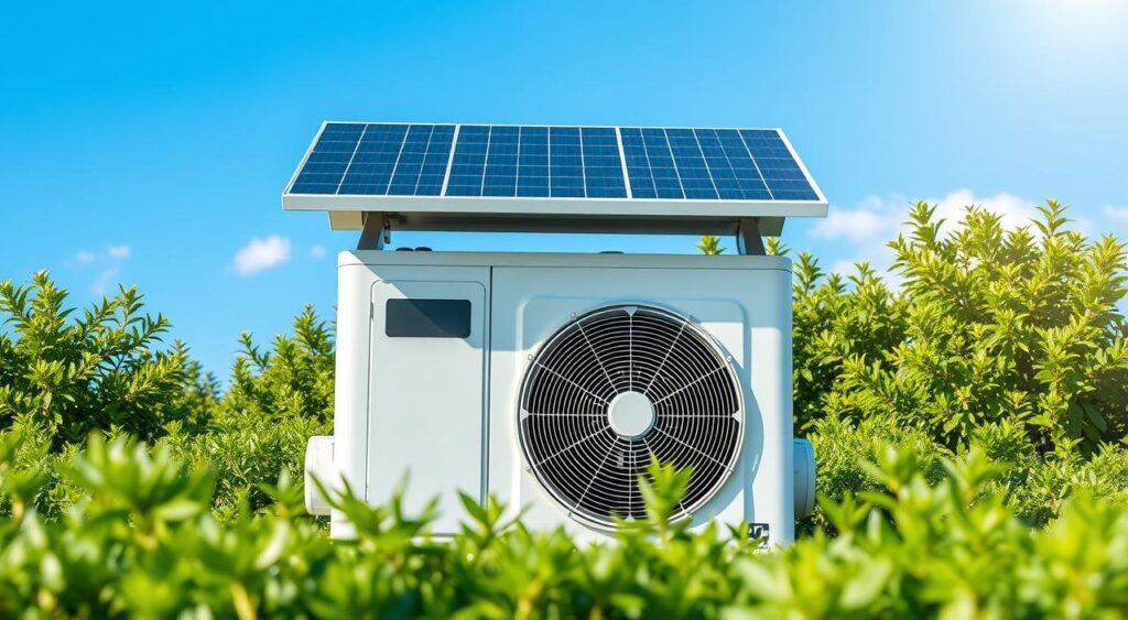 um ar condicionado com placa solar em cima deste para gerar energia e ser autonomo