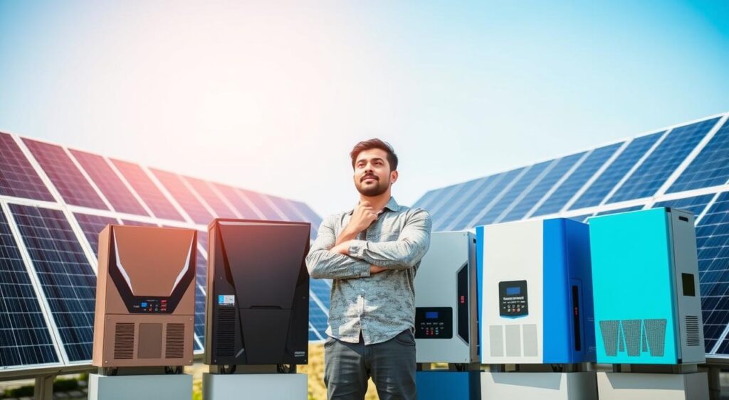 uma pessoa pensativa no meio de uma usina solar ao lado das melhores marcas inversores solares selecionadas por profissionais do setor fotovoltaico