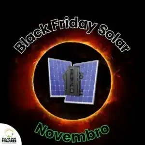 Imagem com sol em eclipse com painel solar a frente com um micro inversor solar, Acima palavras informando: black friday solar novembro 2024 da empresa solar dos pomares