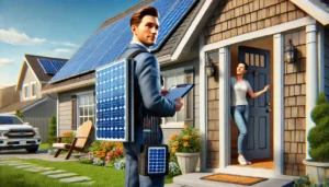 um homem com uniforme batendo a porta de uma casa com uma placa solar em suas costas, como se estivesse a entregar o serviço de energia de aluguel para o usuário que esta atendendo o portão. E explicando Como Funciona Energy as a Service