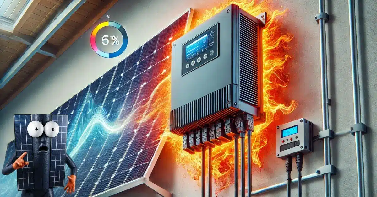 Imagem de um inversor solar em um painel elétrico, cercado por chamas que indicam superaquecimento, com um medidor digital apontando alta temperatura. Um painel solar com expressão de preocupação está ao lado, simbolizando os riscos dos piores inversores solares e os problemas de desempenho que podem comprometer o sistema fotovoltaico.