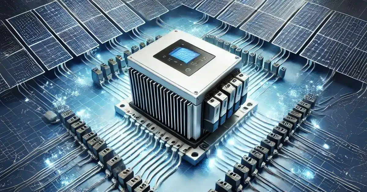 Imagem de um inversor solar centralizado, rodeado por conexões e circuitos que se assemelham a um chip, com várias linhas de energia convergindo para ele. A configuração destaca a complexidade e os riscos dos piores inversores solares, enfatizando a importância de qualidade e eficiência em sistemas fotovoltaicos.