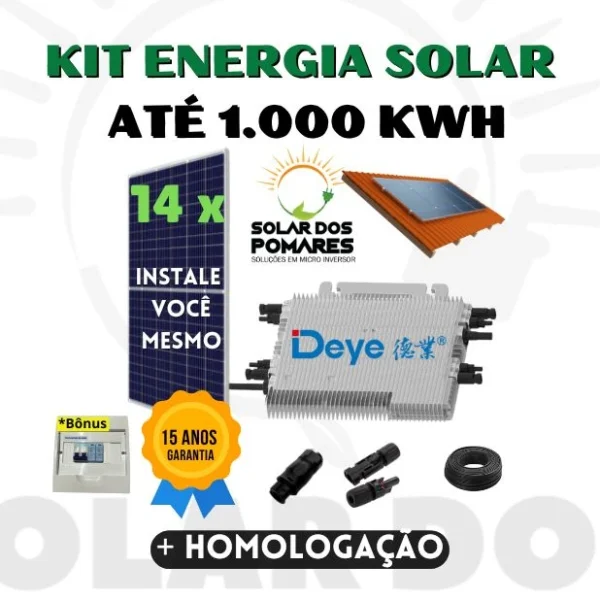 Kit Energia Solar On Grid para geração 1000 kWh Mês, com 14 Painéis fotovoltaicos e Micro Inversor Deye 2250w Modelo Sun225G4 com Garantia de 15 anos da Empresa Solar dos Pomares