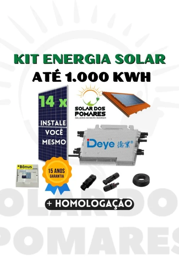 Kit Energia Solar On Grid para geração 1000 kWh Mês, com 14 Painéis fotovoltaicos e Micro Inversor Deye 2250w Modelo Sun225G4 com Garantia de 15 anos da Empresa Solar dos Pomares