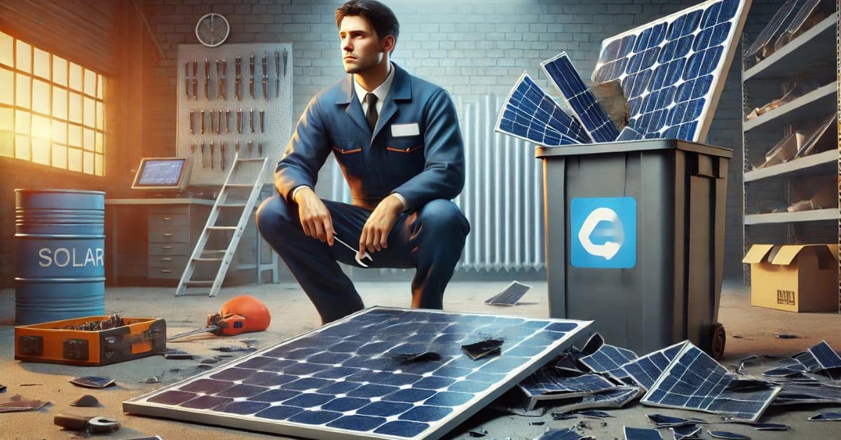 Homem em uniforme observa uma lixeira cheia de placas solares quebradas em uma oficina, simbolizando a baixa qualidade e os problemas associados às piores placas solares.