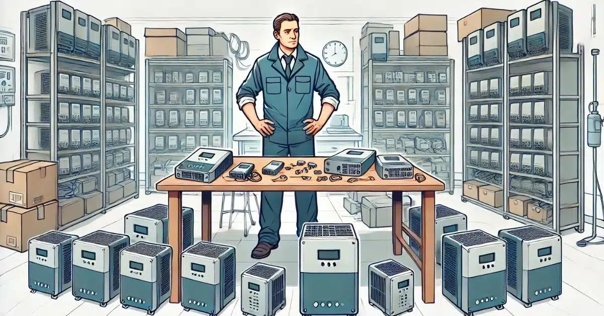 Ilustração de uma oficina técnica com um técnico em pé ao lado de uma mesa cheia de inversores solares defeituosos. Ao redor, há diversas prateleiras com inversores armazenados, simbolizando a manutenção frequente necessária em inversores solares de baixa qualidade, reforçando o impacto negativo de escolher equipamentos inferiores para sistemas fotovoltaicos.