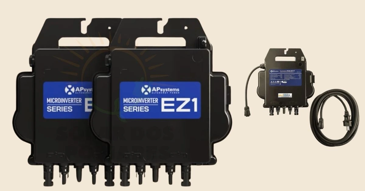 
A imagem apresenta dois microinversores híbridos APsystems EZ1 alinhados à esquerda, destacando sua estrutura robusta e o logotipo da marca. À direita, um microinversor isolado com um cabo conectado, evidenciando sua funcionalidade. O fundo é neutro, focando os dispositivos e seu design moderno, ideal para sistemas de energia solar.