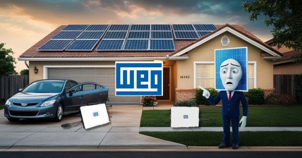 casa suburbana com um telhado coberto por painéis solares e um carro na garagem. Ao lado da casa, um personagem antropomorfizado em forma de painel solar, vestindo terno, expressa preocupação e aponta para a casa. Logotipos da marca WEG são visíveis em micro inversores no chão, associando-se à pergunta micro inversor WEG é bom?